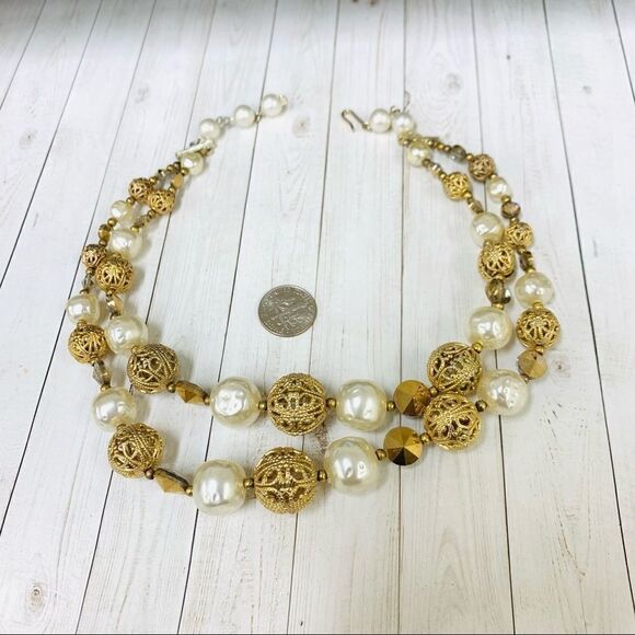 VTG Pearl Gold Filigree Beaded Necklace - Picture 1 of 3